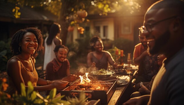 Foto grupo de amigos disfrutando de una comida de barbacoa en el jardín