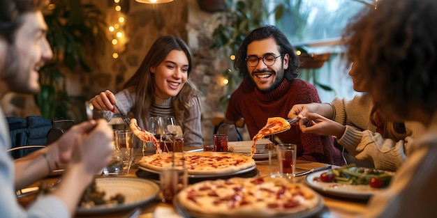 Foto grupo de amigos disfrutando de una comida juntos comiendo casualmente iluminación atmosférica cálida compartiendo felicidad sobre pizza ia