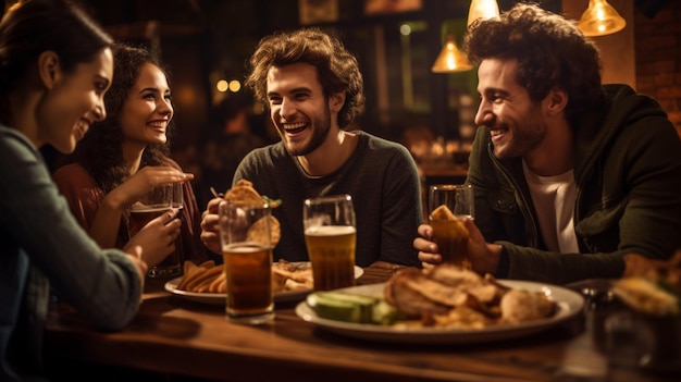 Foto grupo de amigos disfrutando de comida de pub gourmet