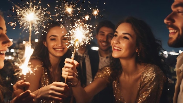 Un grupo de amigos disfrutando de una fiesta en la azotea con chispas jóvenes disfrutando la víspera de Año Nuevo