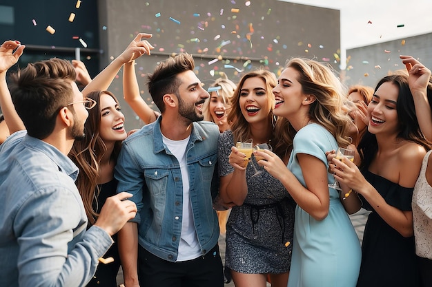 Foto grupo de amigos disfrutando de la fiesta y lanzando confeti amigos divirtiéndose en la fiesta en la azotea