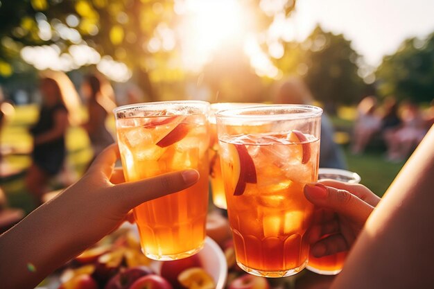 Un grupo de amigos disfrutando de jugo de manzana en un picnic de verano en el parque