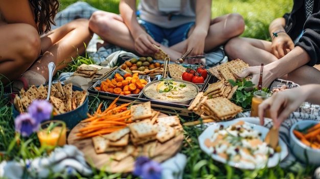 Foto grupo de amigos disfrutando de un picnic en el parque festejando con una variedad de bocadillos saludables como crudites, hummus y galletas de grano entero