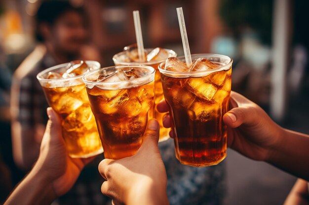 Un grupo de amigos disfrutando de té helado en una terraza en la azotea