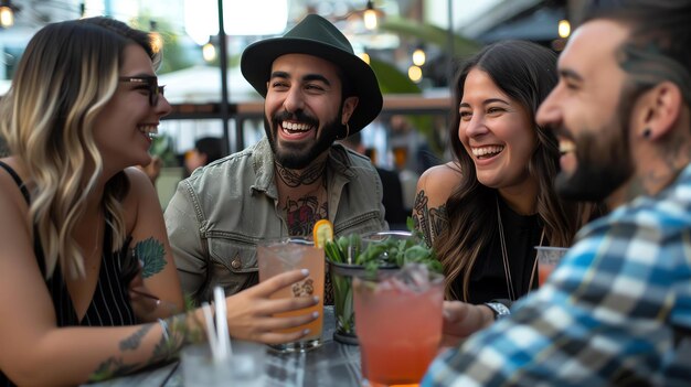 Foto grupo de amigos diversos y atractivos riendo y disfrutando de bebidas en un bar o restaurante