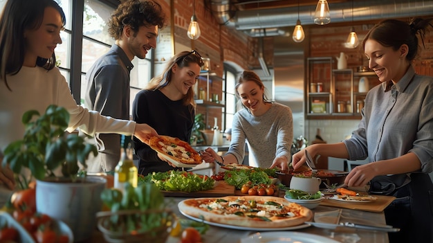 Foto un grupo de amigos diversos cocinando juntos en una cocina moderna se están riendo y sonriendo mientras preparan una comida
