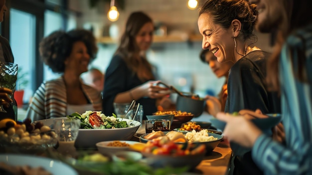 Foto un grupo de amigos diversos están disfrutando de una cena juntos se están riendo y hablando y la mesa está llena de comida deliciosa