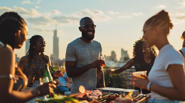 Un grupo de amigos diversos están disfrutando de una fiesta en la azotea están asando bebiendo y riendo el sol se está poniendo en el fondo