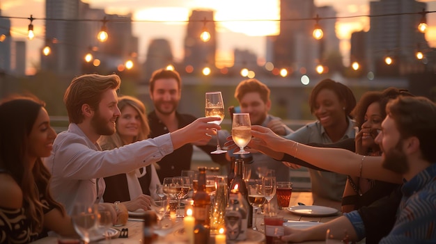 Un grupo de amigos diversos están disfrutando de una fiesta en la azotea todos están sonriendo y riendo y algunos de ellos están brindando con copas de champán