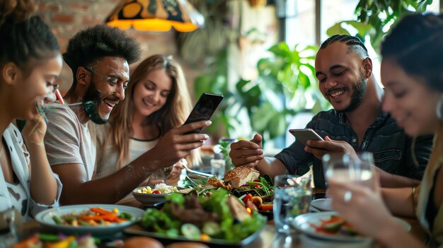 Foto un grupo de amigos diversos están sentados alrededor de una mesa en un restaurante disfrutando de una comida y la compañía de los demás todos están sonriendo y riendo