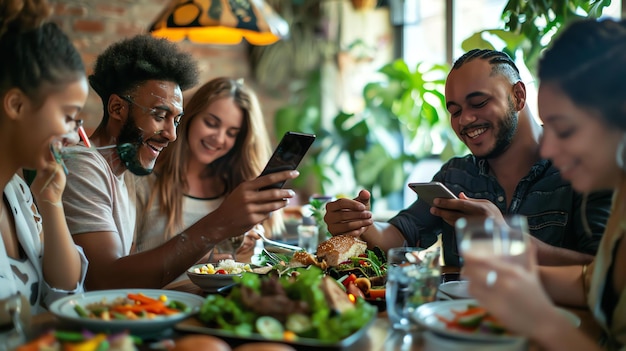 Foto un grupo de amigos diversos están sentados alrededor de una mesa en un restaurante disfrutando de una comida y la compañía de los demás todos están sonriendo y riendo