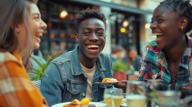 Un grupo de amigos diversos están sentados en una mesa fuera de un restaurante riendo y disfrutando de su comida