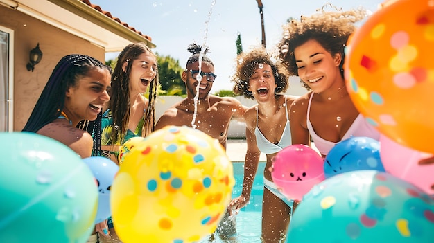 Foto un grupo de amigos diversos están teniendo una fiesta en la piscina todos están sonriendo y riendo y algunos de ellos están salpicando agua