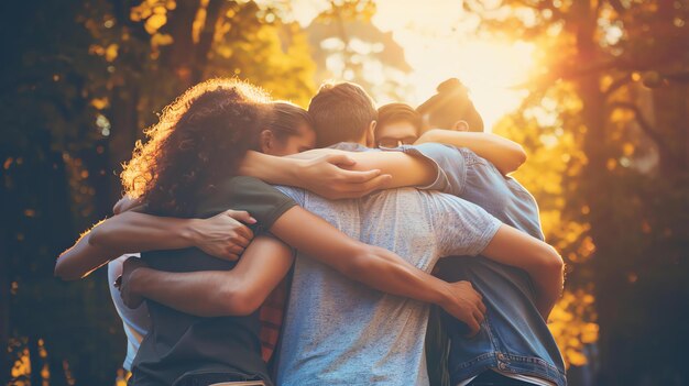 Foto un grupo de amigos diversos y felices abrazándose al aire libre en un momento cálido iluminado por el sol