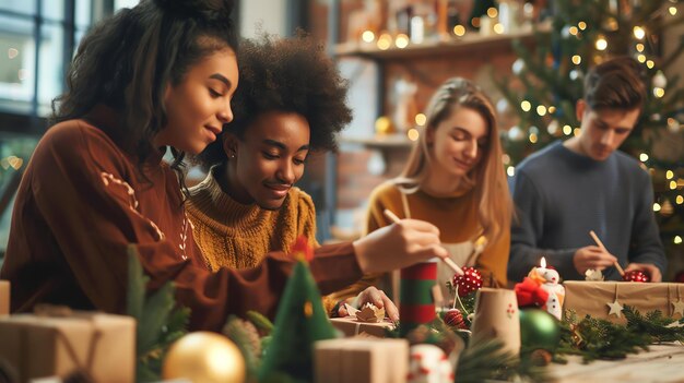 Un grupo de amigos diversos se reúnen alrededor de una mesa haciendo artesanías y preparándose para la Navidad