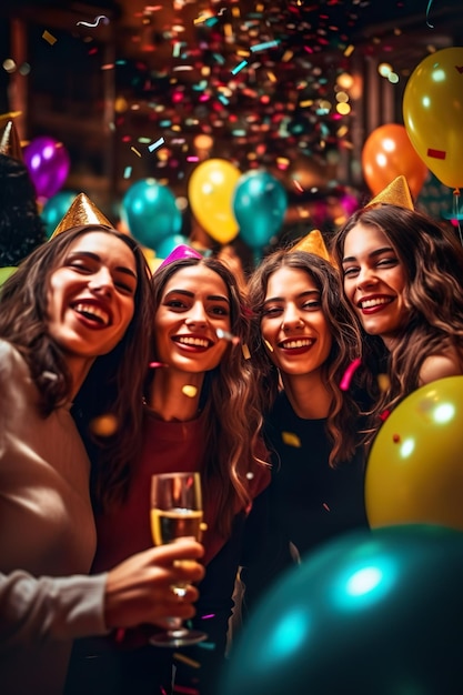 Grupo de amigos divirtiéndose disfrutando y celebrando feliz fiesta de año nuevo juntos generativo ai