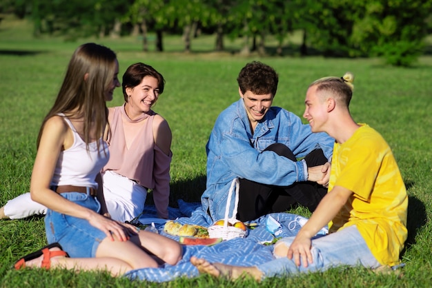 Grupo de amigos divirtiéndose en un picnic con golosinas