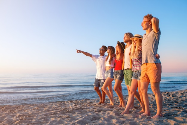 Grupo de amigos divirtiéndose en la playa soleada