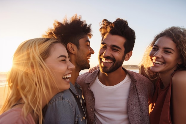 Un grupo de amigos divirtiéndose riendo al atardecer durante las vacaciones de verano ai generativo