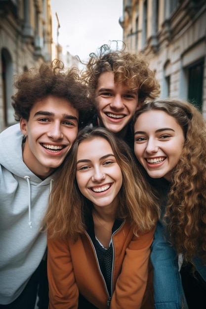 un grupo de amigos con uno de ellos tiene una sonrisa que dice amigos felices