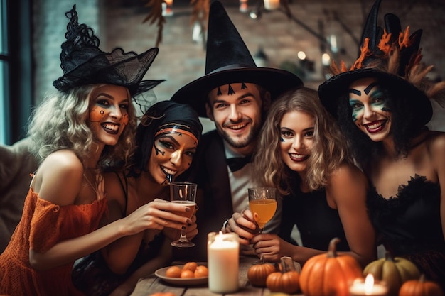 Un grupo de amigos está haciendo una fiesta con calabazas y velas.