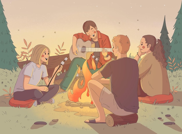 Un grupo de amigos está sentado junto al fuego con una guitarra friendo malvaviscos