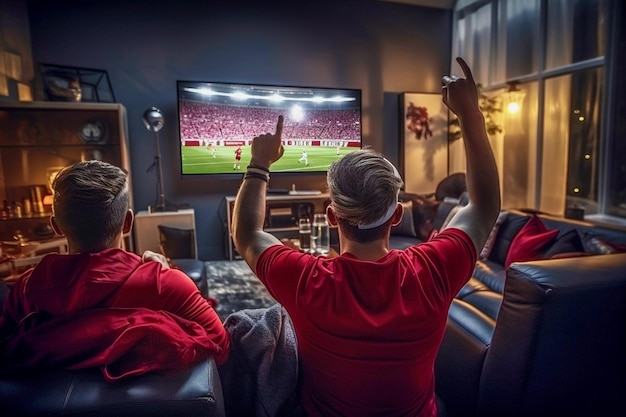 Un grupo de amigos está viendo un partido de fútbol profesional en la TV