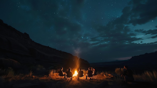 Un grupo de amigos están acampando en el desierto han construido una fogata y están sentados alrededor de ella hablando y riendo