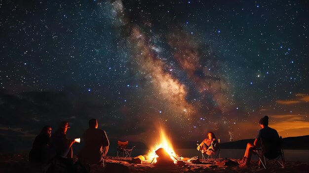 Foto un grupo de amigos están acampando juntos y disfrutando del cielo nocturno han construido una fogata y están sentados alrededor de ella hablando y riendo