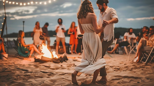 Un grupo de amigos están bailando y divirtiéndose en una fogata en la playa