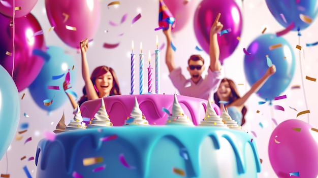 Foto un grupo de amigos están celebrando una fiesta de cumpleaños todos están usando sombreros de fiesta y soplando las velas en un pastel