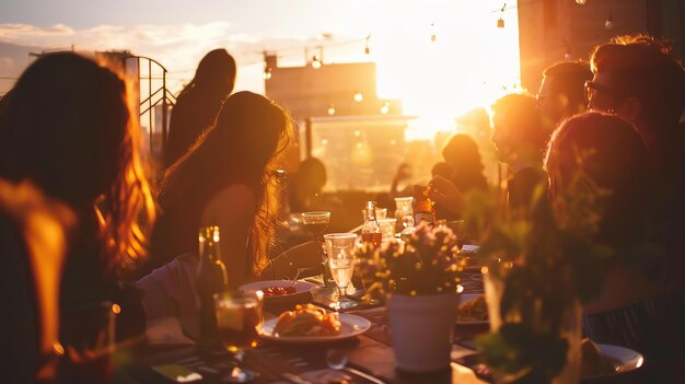 Foto un grupo de amigos están disfrutando de una fiesta en la azotea están bebiendo vino comiendo comida y hablando el sol se está poniendo en el fondo