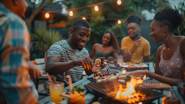 Foto un grupo de amigos están haciendo una barbacoa en el patio trasero están asando comida bebiendo y riendo el sol se está poniendo y las luces están encendidas