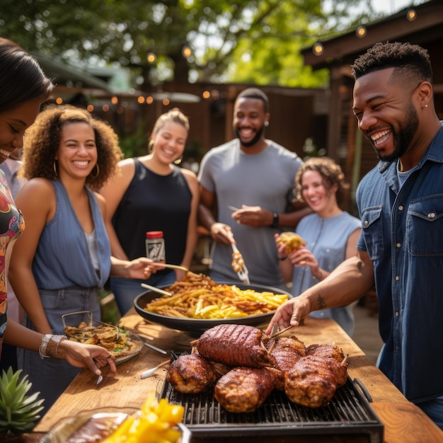 Un grupo de amigos están haciendo una barbacoa en el patio trasero.