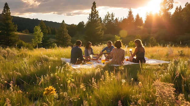 Un grupo de amigos están haciendo un picnic en un campo de hierba alta están sentados en una manta y comiendo comida de una canasta