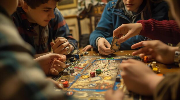 Foto un grupo de amigos están jugando un juego de mesa juntos todos se están divirtiendo mucho y están riendo y hablando