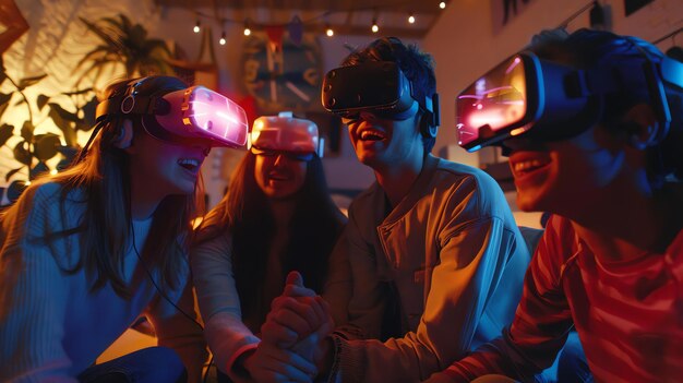 Foto un grupo de amigos están jugando juegos de realidad virtual juntos todos llevan auriculares de realidad virtual y se están riendo y divirtiendo