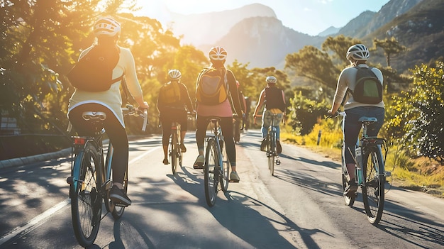 Un grupo de amigos están montando bicicletas juntos en un día soleado están usando cascos y montando en una sola fila