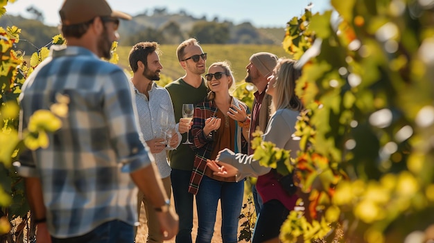Foto un grupo de amigos están de pie en un viñedo verde exuberante todos están sonriendo y riendo y algunos de ellos tienen copas de vino