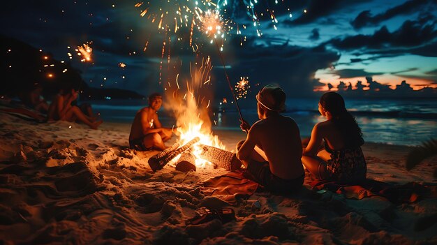 Un grupo de amigos están sentados alrededor de una hoguera en la playa por la noche todos están sosteniendo chispas y mirando el fuego