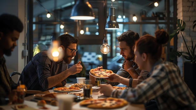 Foto un grupo de amigos están sentados alrededor de una mesa en un restaurante comiendo pizza y hablando el restaurante está iluminado por una cálida iluminación ambiental