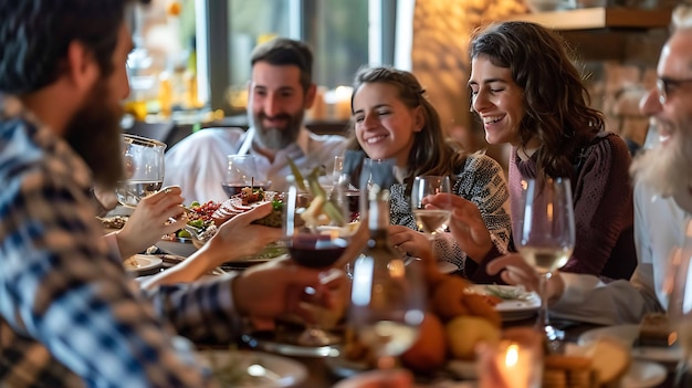 Un grupo de amigos están sentados alrededor de una mesa riendo y hablando todos tienen copas de vino y hay comida en la mesa