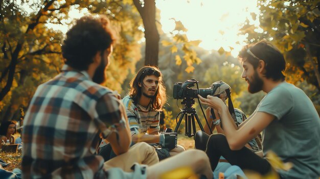 Foto un grupo de amigos están sentados en un parque hablando y riendo están rodeados de árboles y el sol está brillando a través de las hojas