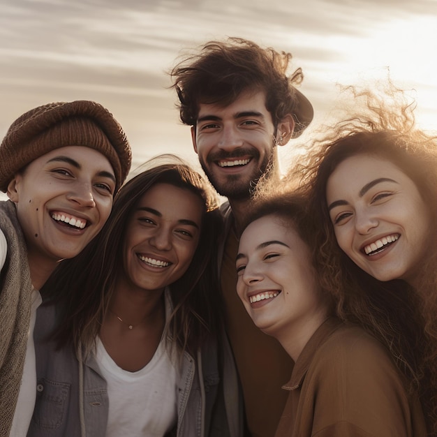 Un grupo de amigos están sonriendo y riendo juntos.