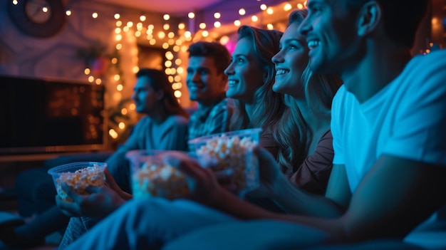 Un grupo de amigos están viendo una película juntos están todos sentados en el sofá y comiendo palomitas de maíz están todos sonriendo y disfrutando de la película