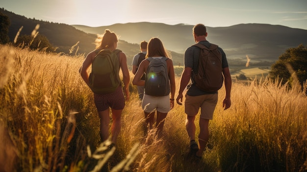 un grupo de amigos en una excursión al atardecer