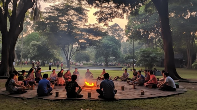 Un grupo de amigos y familias reunidos en un parque jugando juegos tradicionales indonesios y enjoyi