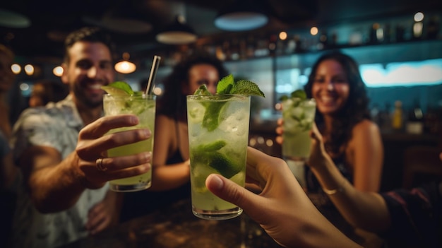 Un grupo de amigos felices animando bebidas mojito en un restaurante de cócteles