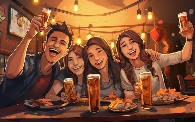 Un grupo de amigos felices bebiendo cerveza en el bar de la cervecería