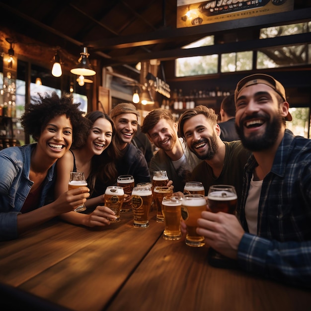 Un grupo de amigos felices bebiendo cerveza en el bar de la cervecería